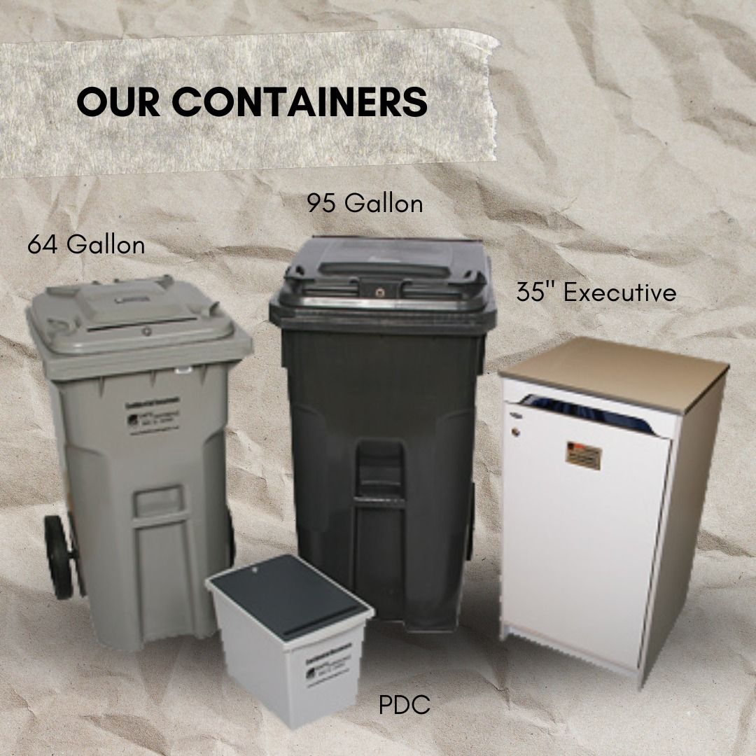Our containers: 64-gallon gray bin, 95-gallon black bin, and white PDC cabinet with labels.