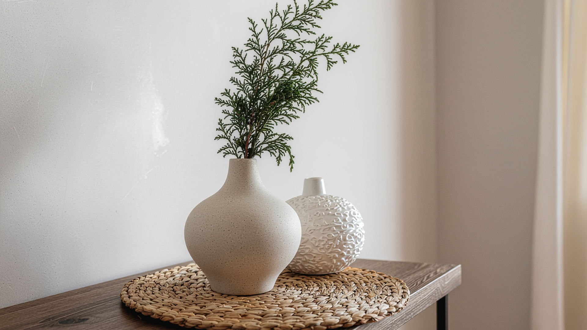Two white ceramic vases with greenery on a woven tray beside a curtain-lit wall.