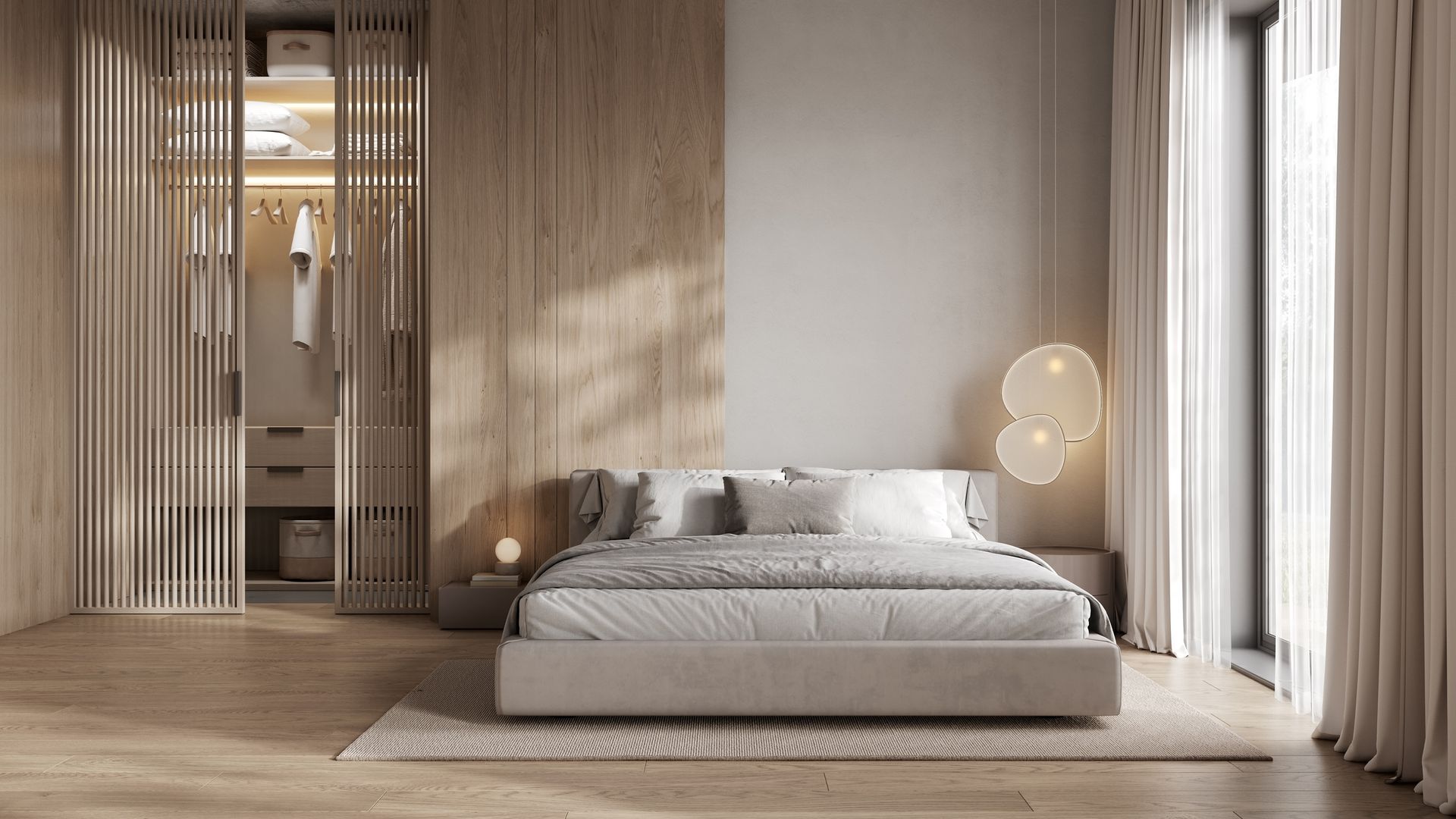 Camera da letto con pareti in legno chiaro, letto con lenzuola grigie e armadio.