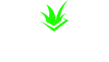 A bright green logo featuring stylized blades of grass forming a checkmark shape on a white background.