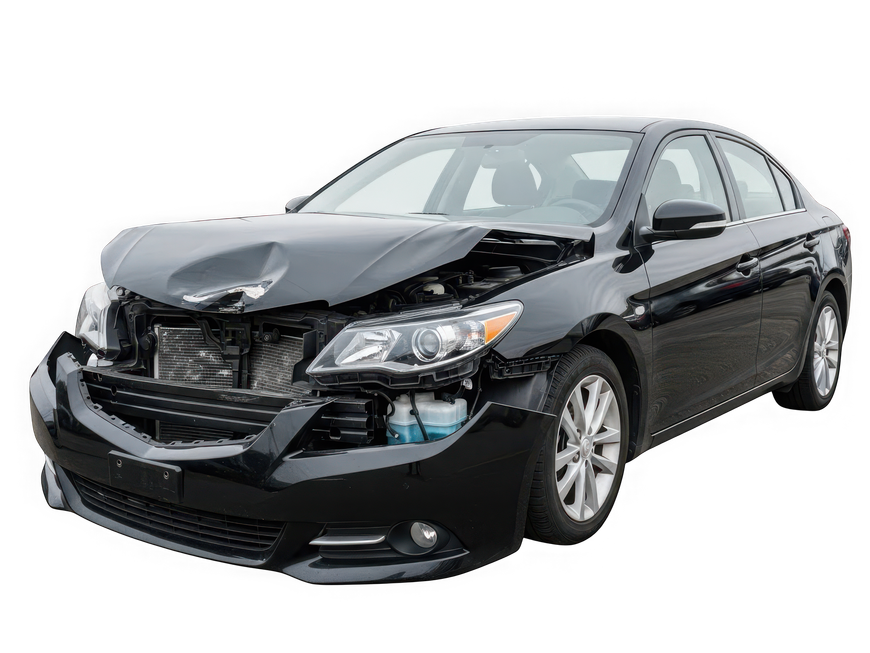 Black sedan with front-end damage, shown on a white background
