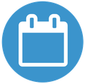 White calendar icon on blue circle with our calendar link.