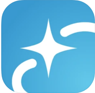 Blue rounded-square app icon with a white four-point sparkle and curved white swooshes