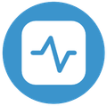 Blue circle with a white square containing a blue line graph, representing activity monitoring with our life group link.
