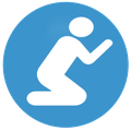 White figure kneeling and praying in blue circle with our prayer card link.
