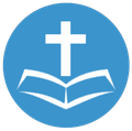 White cross above an open book inside a light blue circle with our service link.