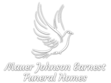 Mauer Johnson Earnest Funeral Homes logo with white dove and script text