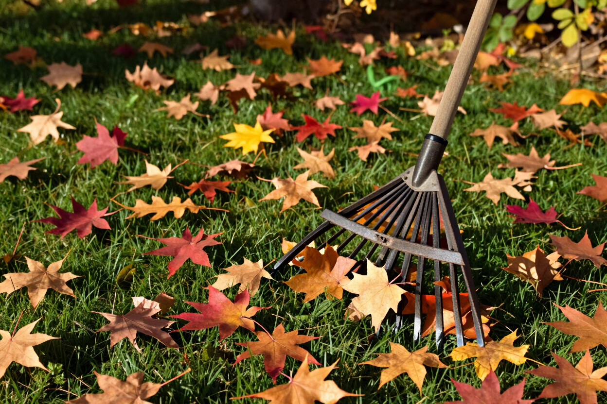 Autumn leaves on a lawn