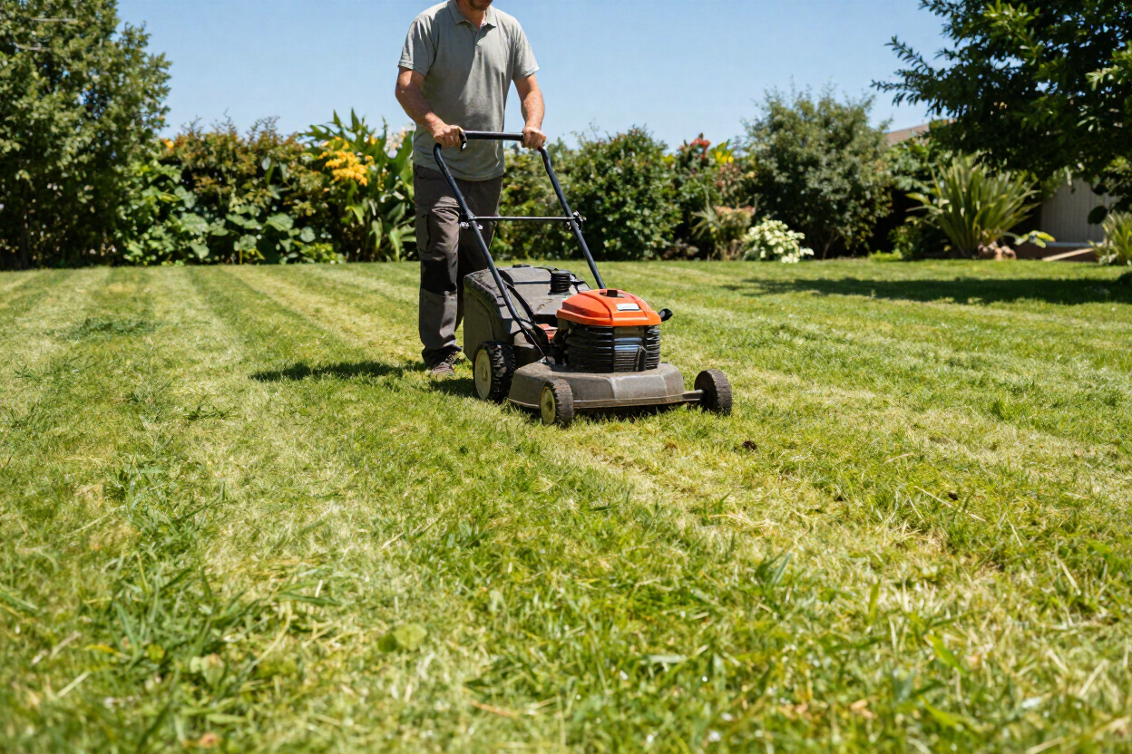 Mowing a lawn in summer