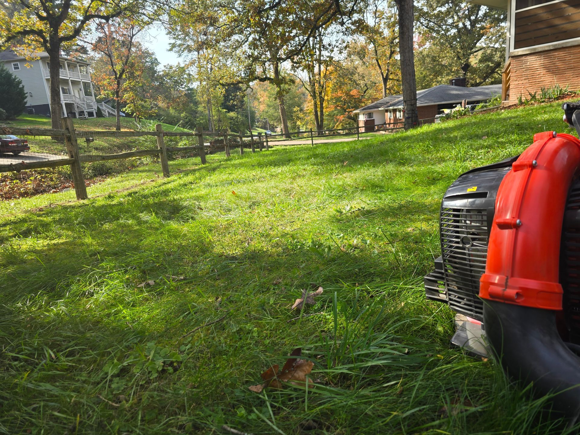 A red leaf blower sits on a grassy yard next to a wooden fence with houses and autumn trees in the background.