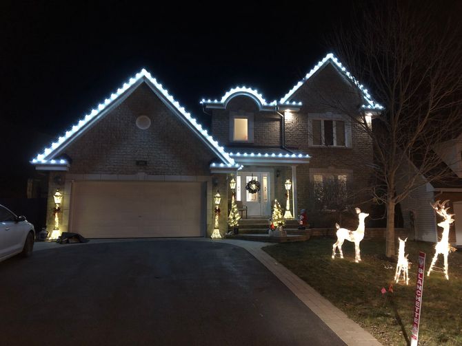House staged with premium holiday lights and lawn deer.