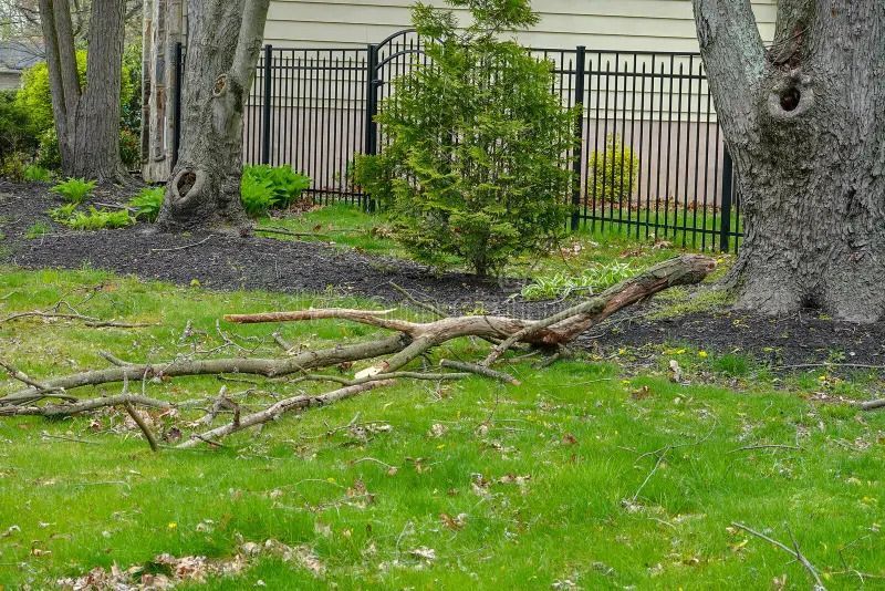 Fallen storm limbs on a lawn