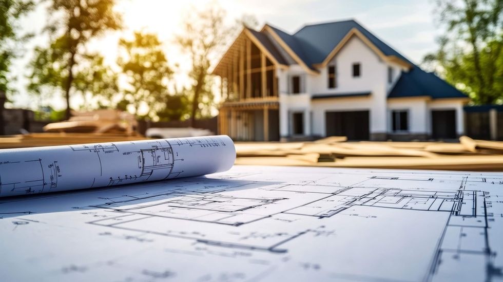 Blueprints rolled out on table with a house under construction in the background. Bright sunlight.