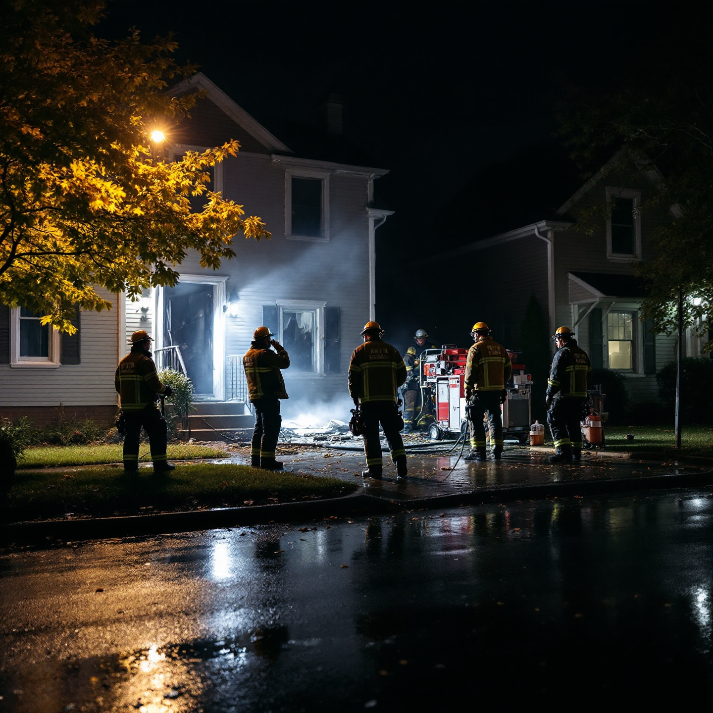 Firefighters at a house fire at night; smoke, wet street, illuminated by streetlights.