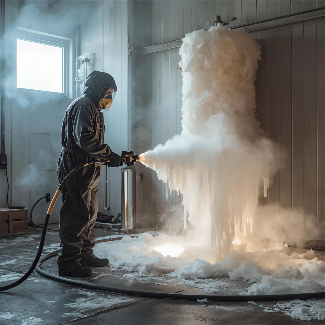 Person in protective suit sprays expanding foam in a warehouse; foam cascades from a large container.