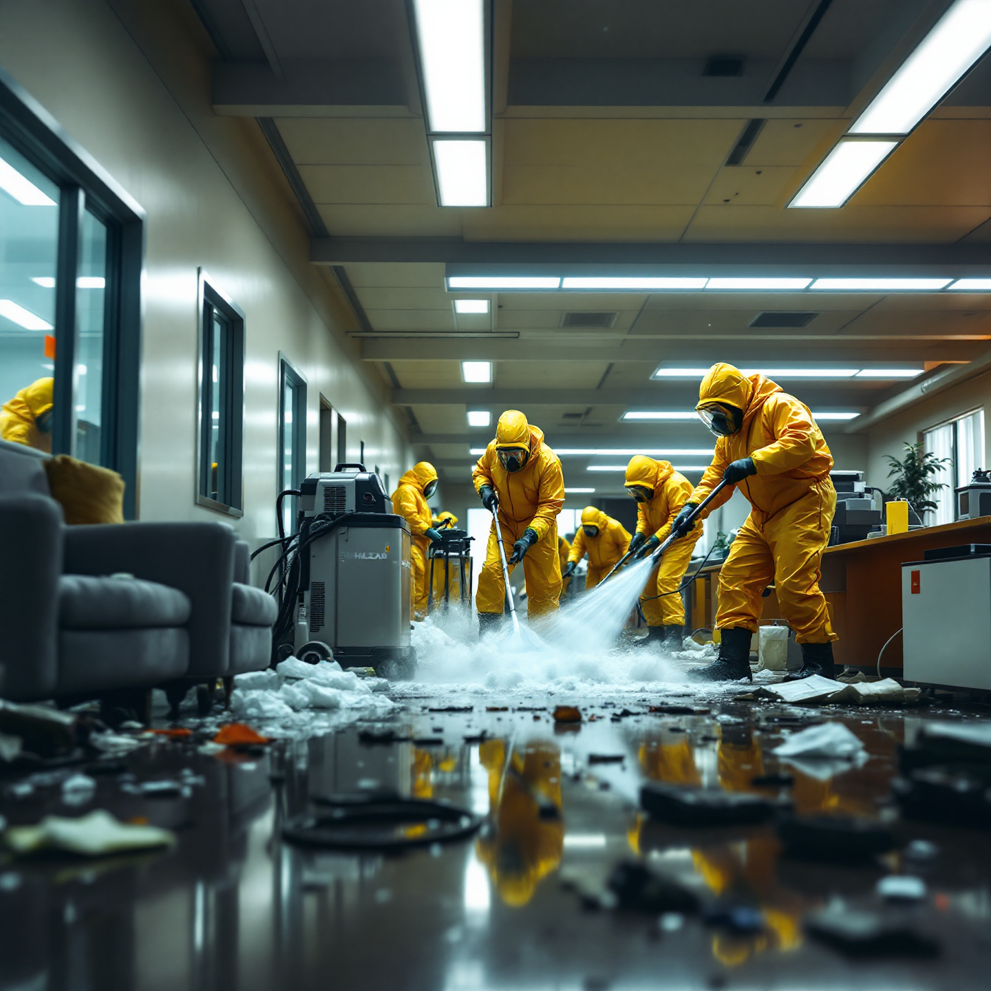 People in yellow hazmat suits cleaning debris-filled office hallway.