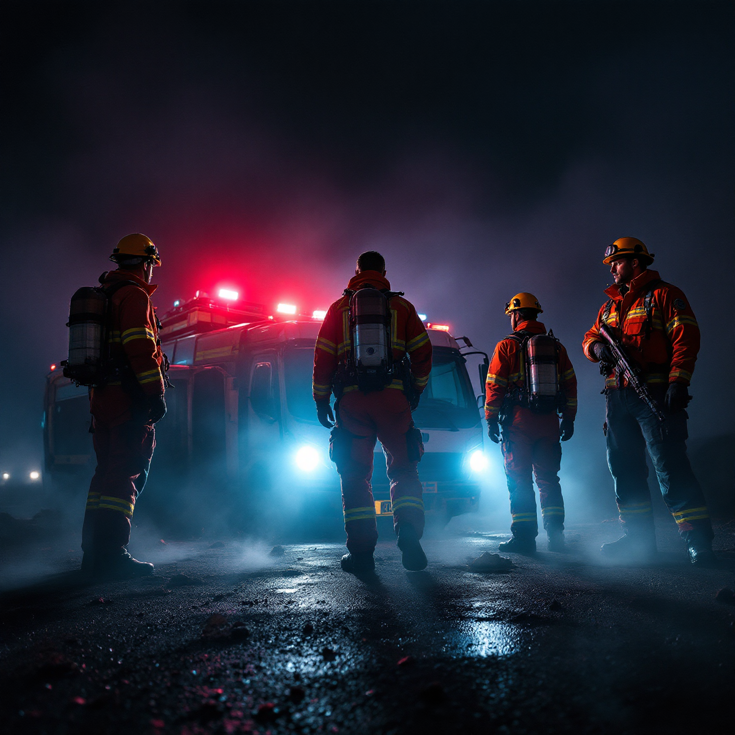 Four firefighters stand before a fire truck with flashing lights at night.