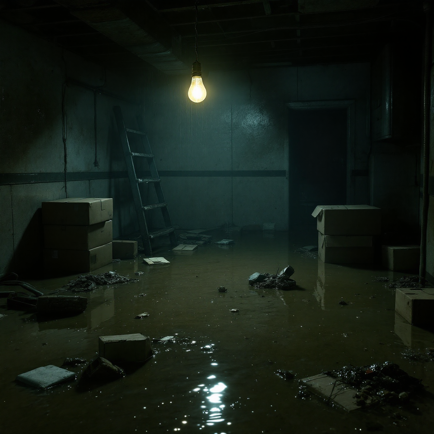 Flooded, dark basement with boxes, ladder, and a hanging lightbulb.