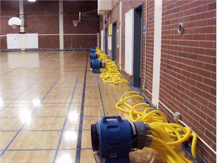 Gym with a row of blue air movers and yellow hoses along the wet floor near the brick wall.