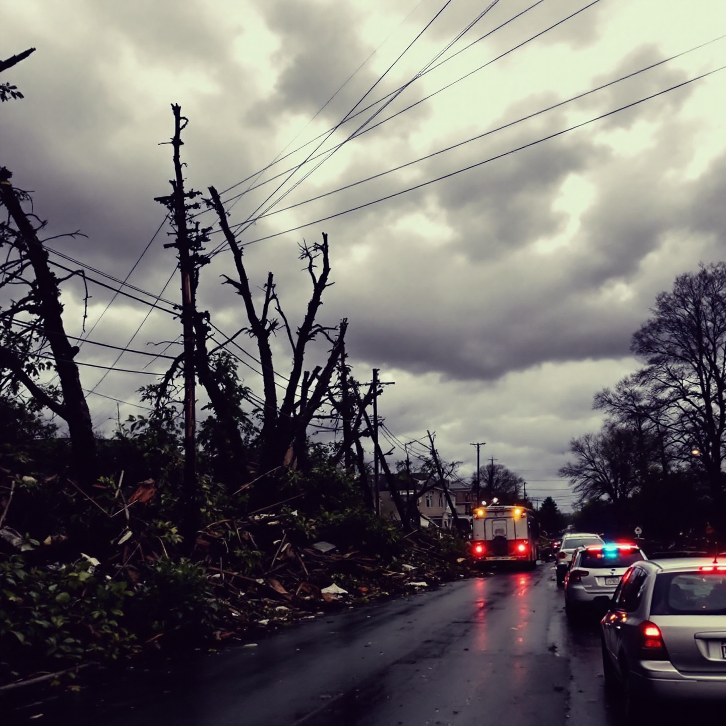 Road blocked by downed trees and power lines, emergency vehicles present under a stormy sky.