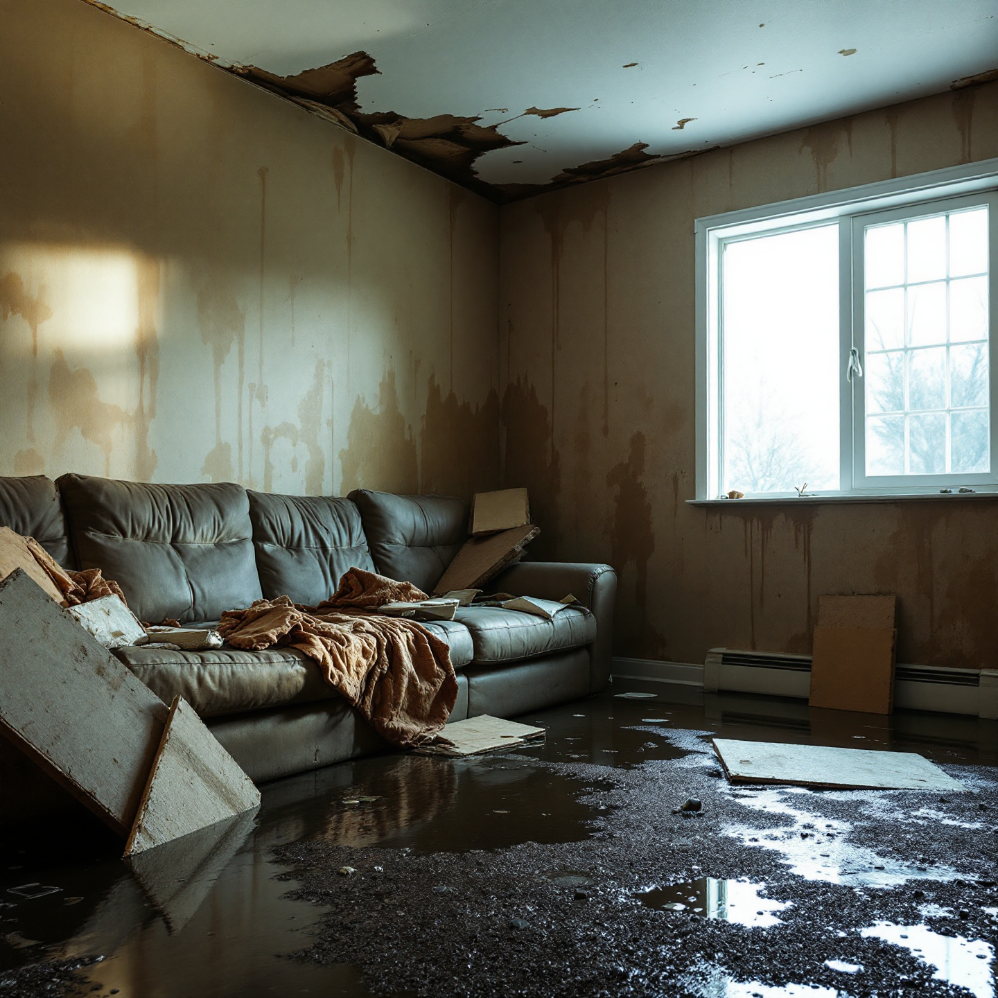 Flooded living room; water damage on walls, ceiling, and floor; a couch and window.