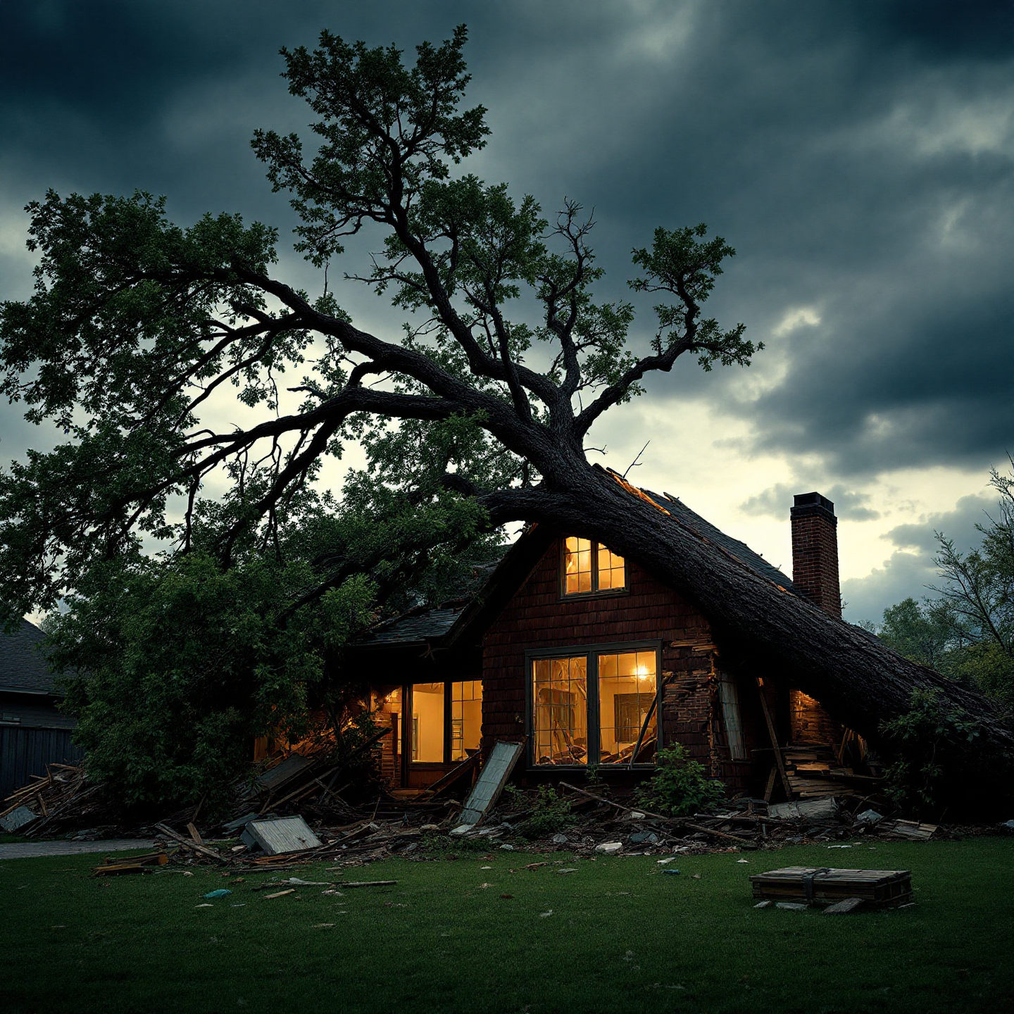 Tree fallen on a house, lit interior, stormy sky.