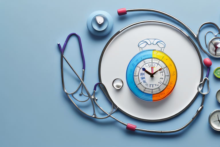 A clock with a stethoscope around it on a blue background.