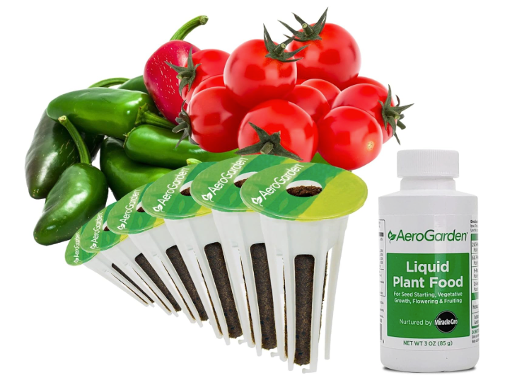 Vegetable seedlings and green seed markers beside a bottle of liquid plant food