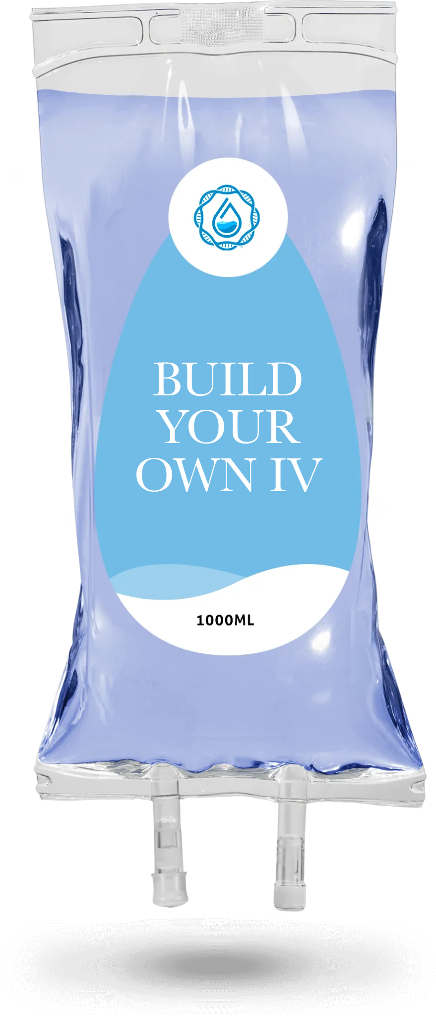 Clear IV bag labeled “Build Your Own IV” with blue liquid and two ports