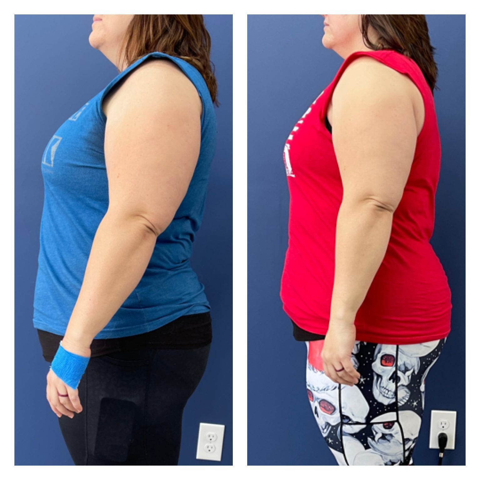 A woman in a blue tank top and a woman in a red tank top