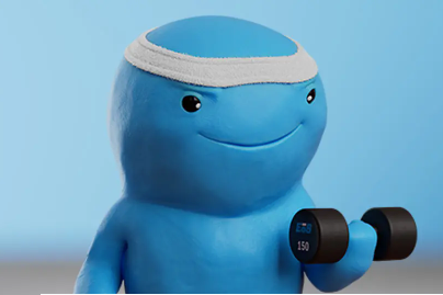 Blue cartoon character holding a dumbbell, wearing a white headband and smiling against a light blue background