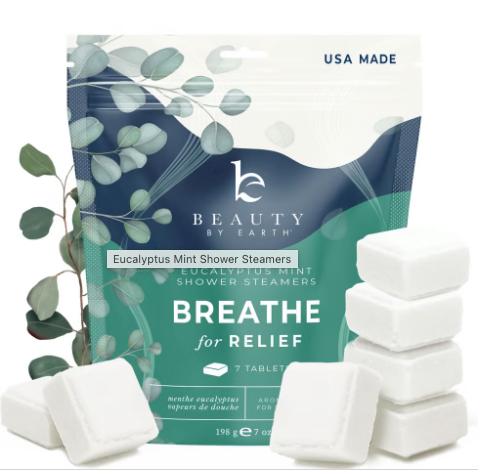 Beauty by Earth eucalyptus mint shower steamers box with stacked white tablets, teal and white packaging