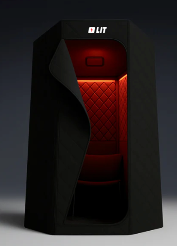 Black angular gaming PC tower with red illuminated interior and