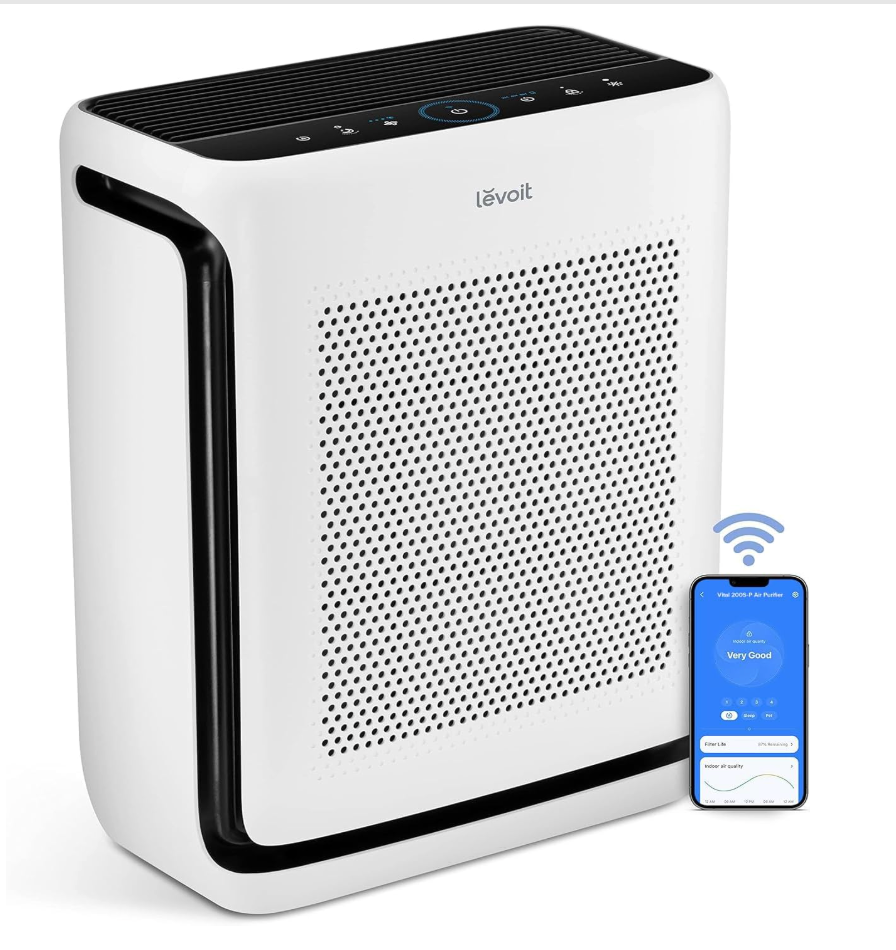 White air purifier with black top and trim, shown beside a smartphone app control icon.