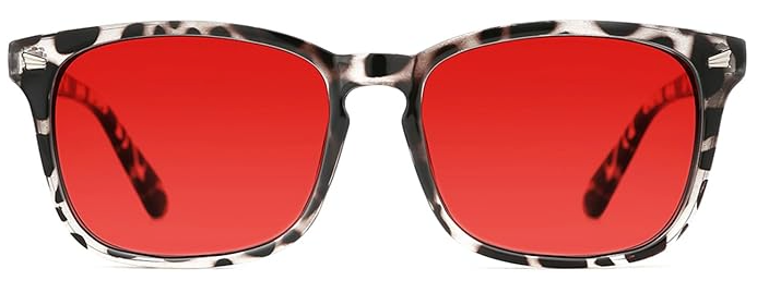 Black-and-white patterned eyeglasses with red-tinted lenses