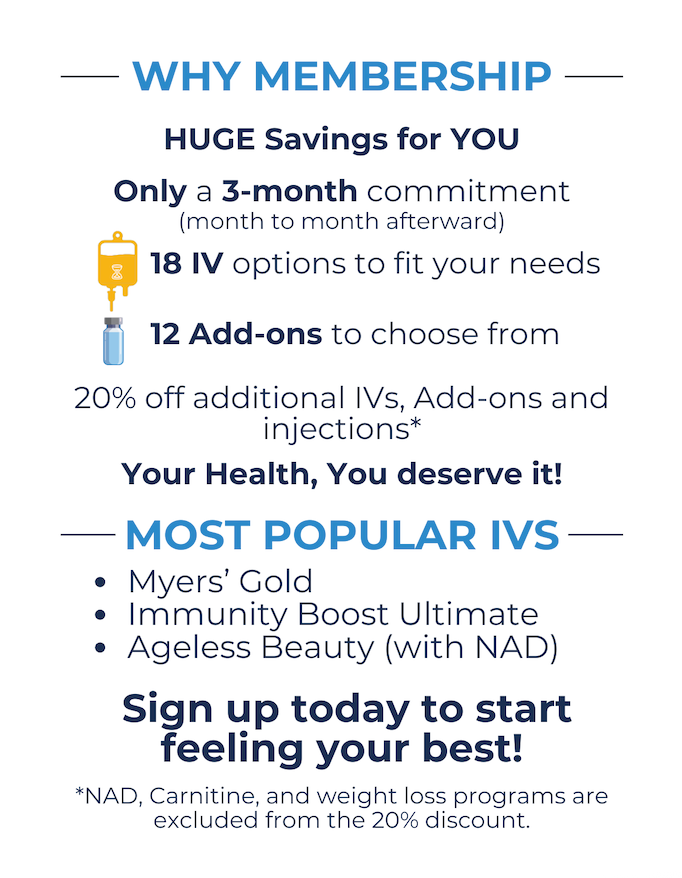 Membership ad with blue text, listing savings, IV options, popular IVs, and “Sign up today to start feeling your best!”
