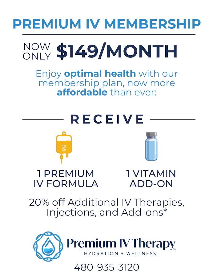 Premium IV membership ad: now $149/month, includes IV formula and vitamin add-on, with 20% off therapies.