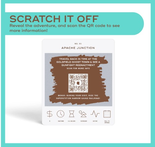 Ad for a scratch-off activity card with a QR code, brown and white design, titled “Scratch It Off.”