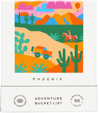 Colorful desert scene with cacti, mountains, a car, and horseback riders; labeled Phoenix.