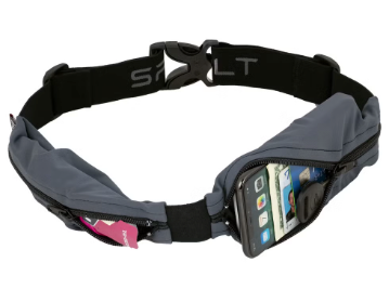 Gray running waist belt with phone and cards in pockets