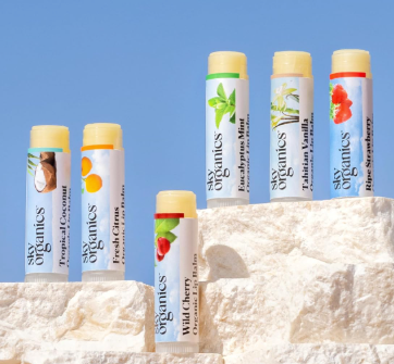 Assorted Lipton tea sticks with fruit labels, standing on white rocks against a blue sky.