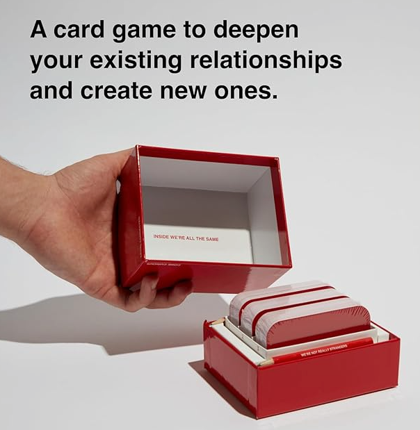 Red card game box and cards, with text: “A card game to deepen your existing relationships and create new ones.”