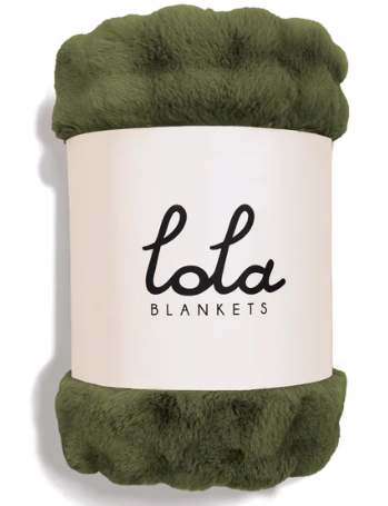 Olive green fuzzy blanket wrapped with a white Lola Blankets label