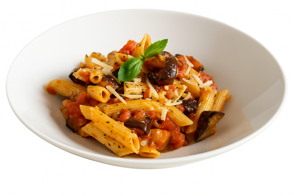 Piatto di pasta con penne, melanzane, salsa di pomodoro e basilico in una ciotola bianca.