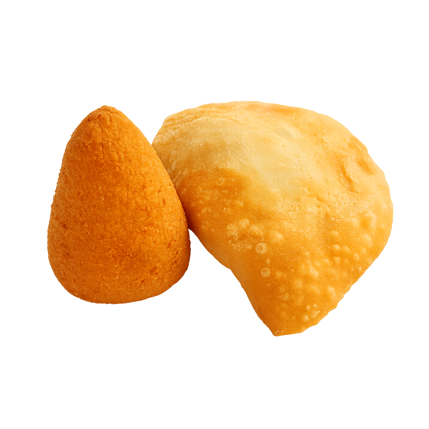 Snack fritti dorati; uno a forma conica e uno a mezzaluna, su fondo bianco.