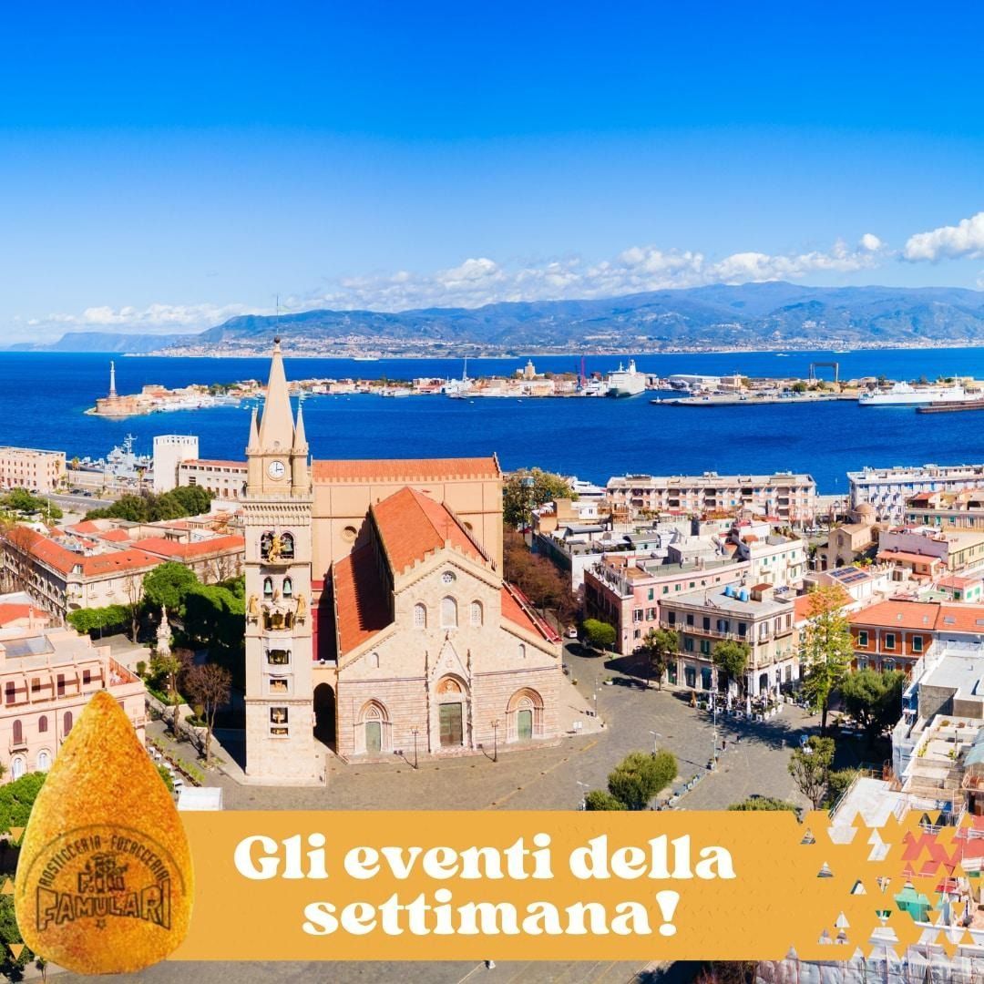 Vista aerea di una città italiana con l'oceano sullo sfondo, testo che promuove gli eventi settimanali.