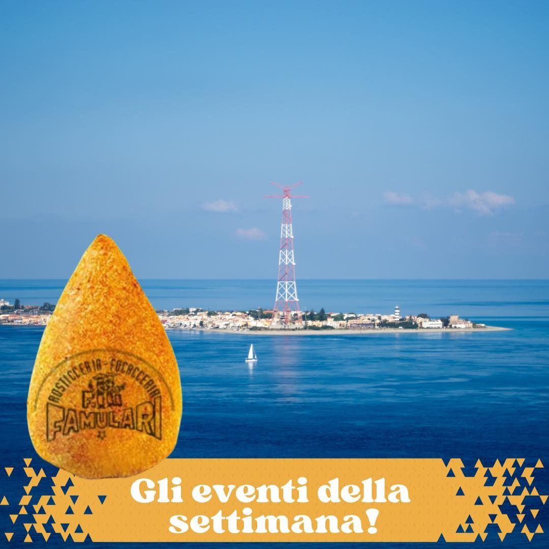 A yellow arancino with a Sicilian coastal background and text, 