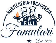 Logo per Rosticceria-Focacceria Famulari: due chef, testo, cibo arancione, blu e bianco.