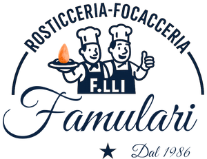 Logo per Rosticceria-Focacceria Famulari: due chef, testo, cibo arancione, blu e bianco.