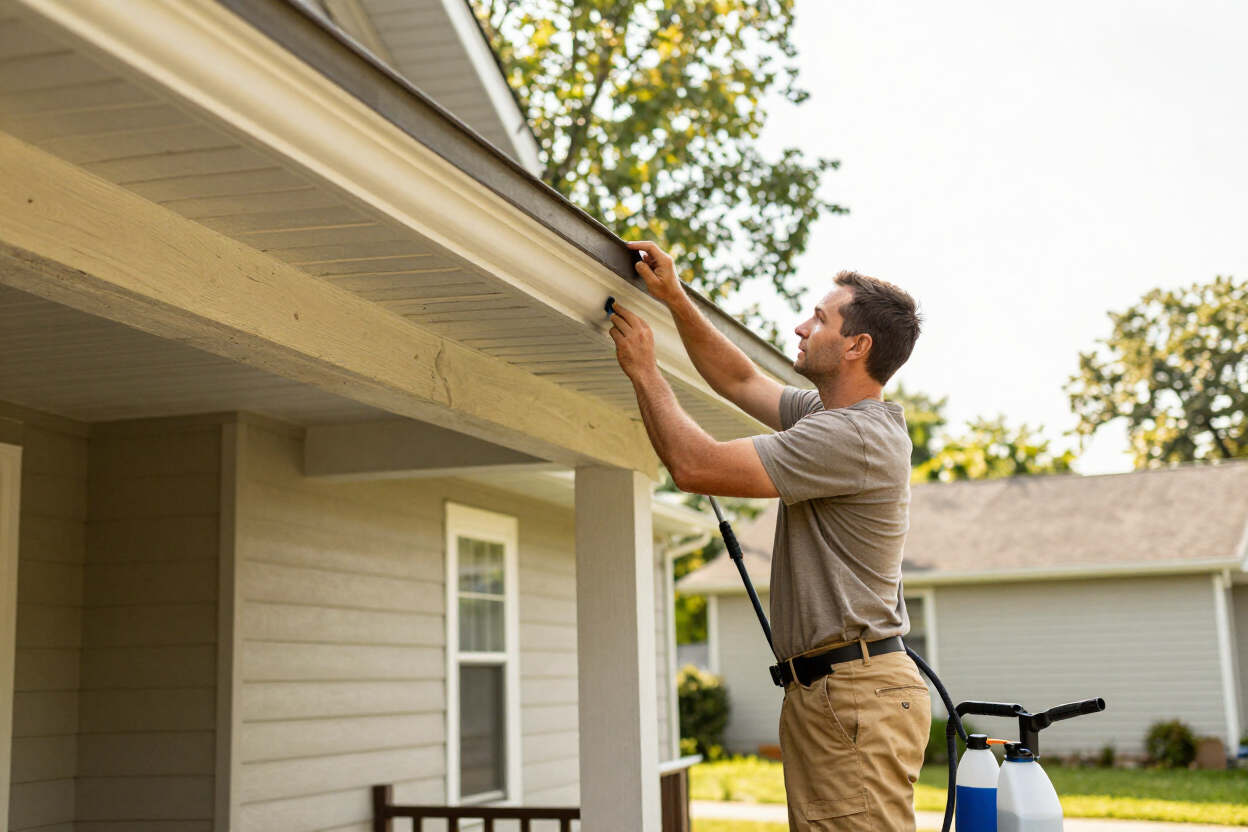 Blanos technician cleaning gutters on a Monroe NY home